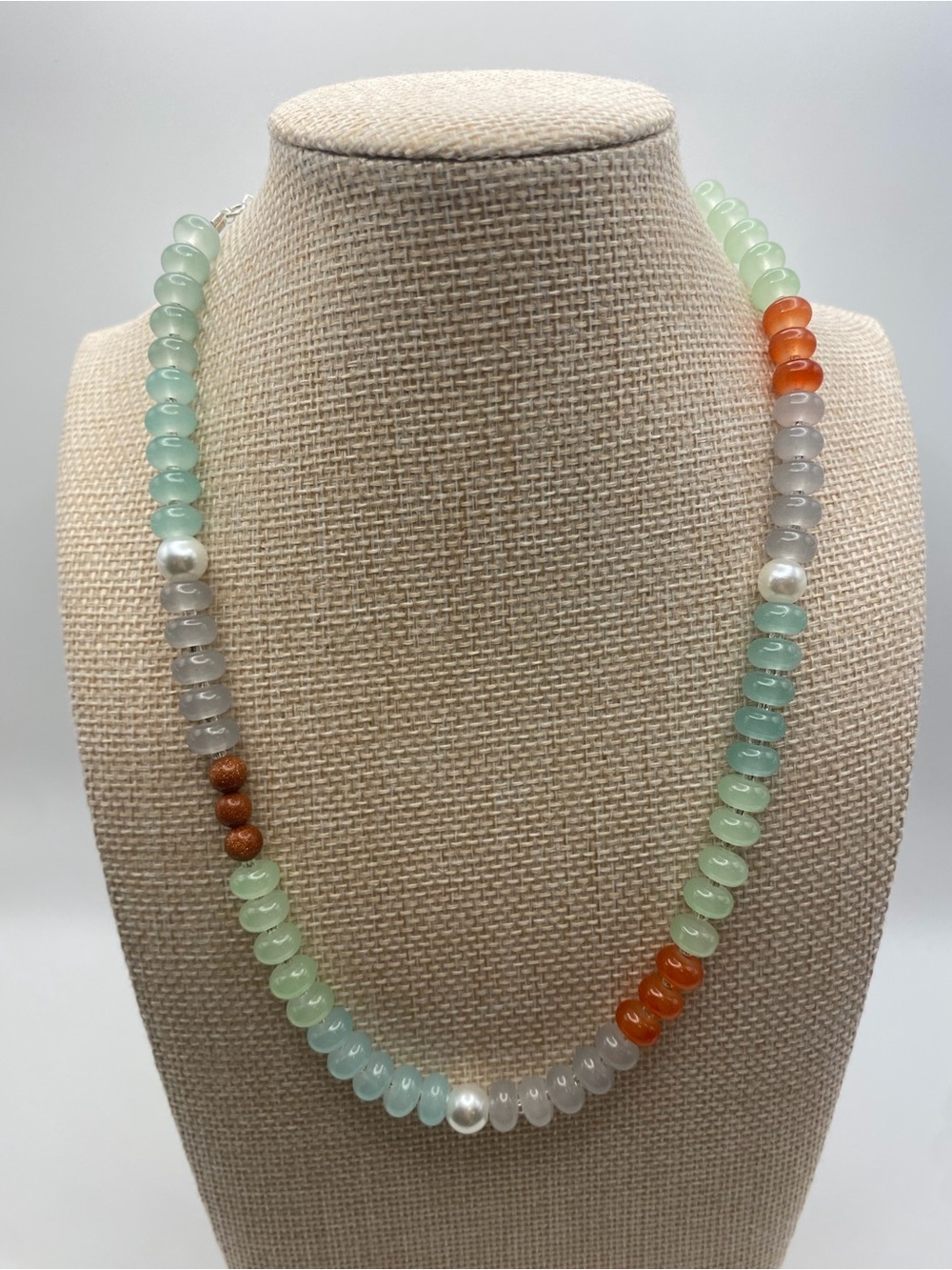 Multi-Color Beaded Necklace with Green, Orange & Gray Accents
